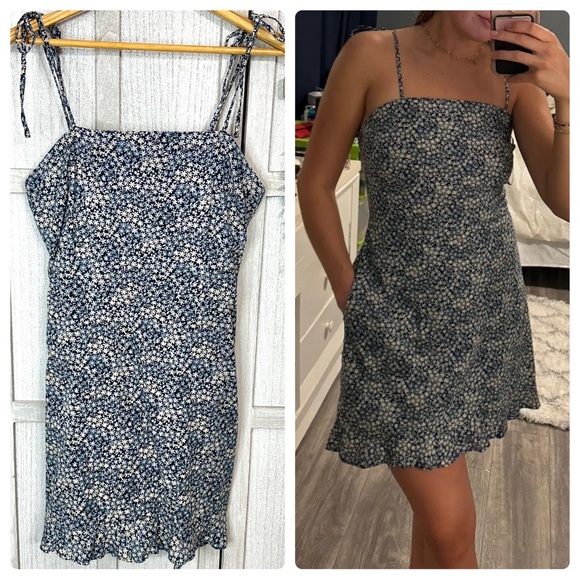 Abercrombie & Fitch Floral Daisy Tie Strap Ruffle Mini Dress Prairie Boho Blue M - Picture 1 of 9